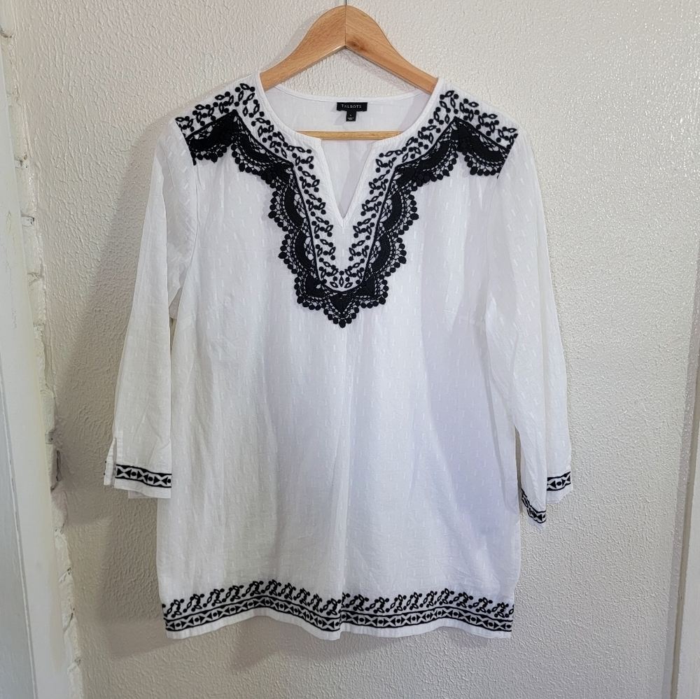 Talbots Embroidered Lace Popover Top sz L 100% White Black Chic Coastal